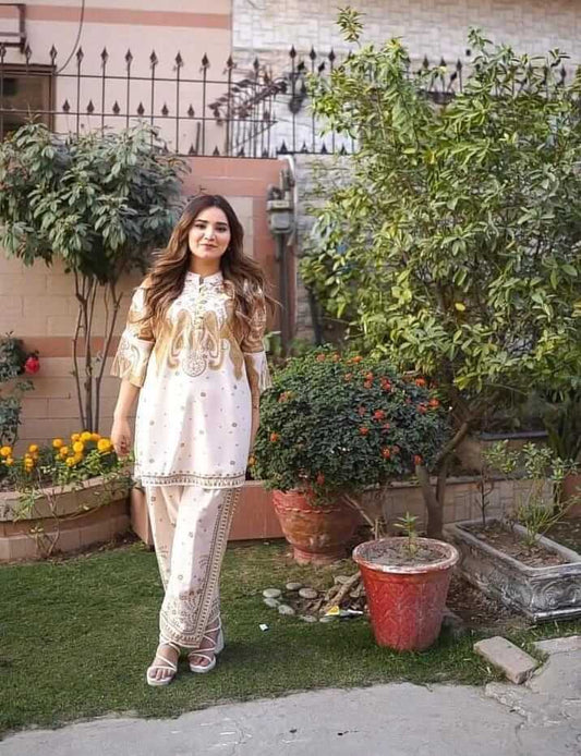 2 Pcs Women's Stitched Swiss Lawn Printed Shirt And Trouser 1 haseen.store
