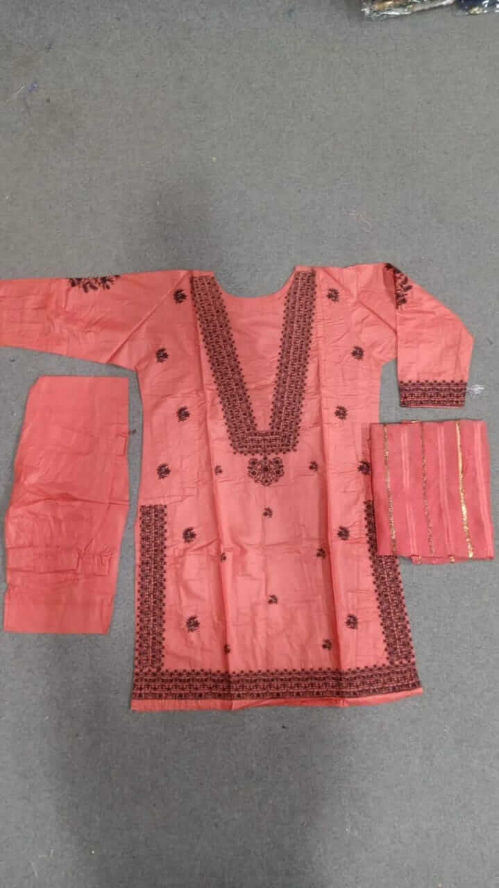 Charming Peach Linen Embroidered 3 Pcs Women's Stitched Suit with V-Neck and Printed dupatta  1 haseen.store 
