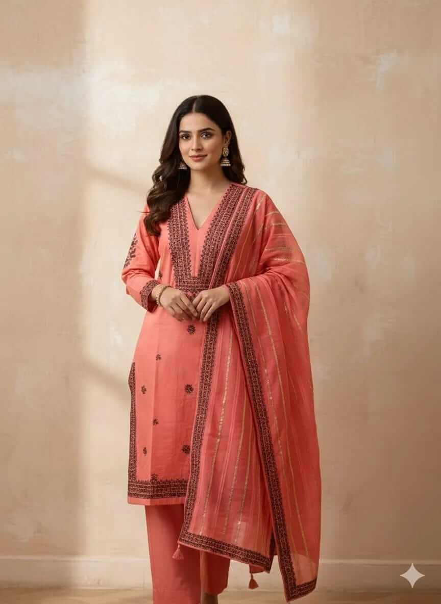 Charming Peach Linen Embroidered 3 Pcs Women's Stitched Suit with V-Neck and Printed dupatta  2 haseen.store 
