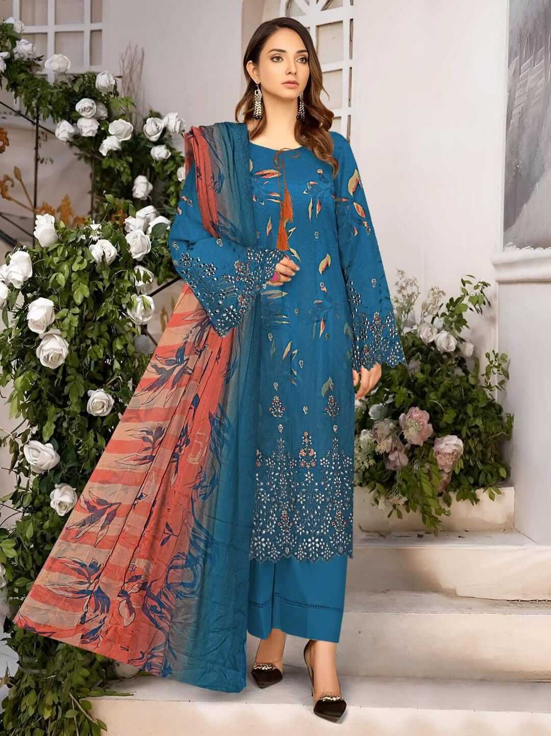 Elegant Blue Linen Embroidered Suit with Chikankari Sleeve and Embellished Dupatta  1 haseen.store