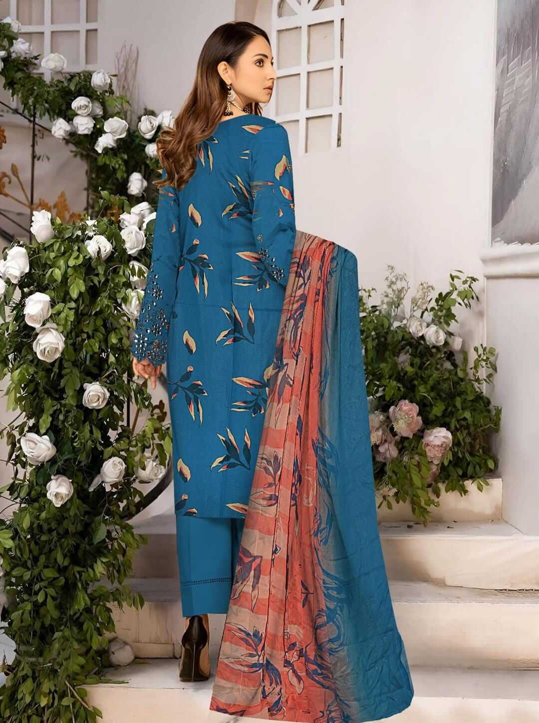 Elegant Blue Linen Embroidered Suit with Chikankari Sleeve and Embellished Dupatta  2  haseen.store