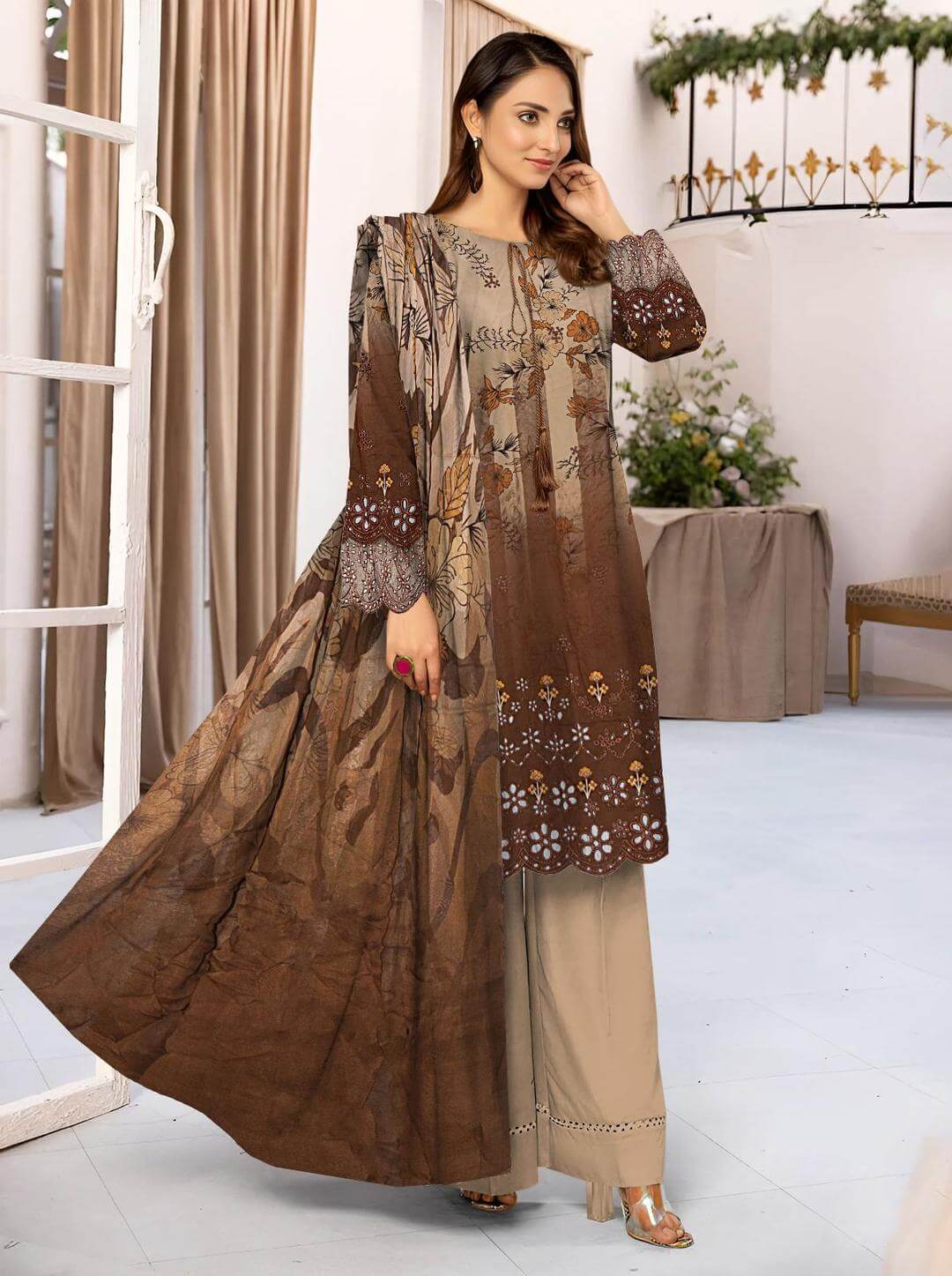 Exquisite Brown Linen Suit with Embroidered Chikankari Design  haseen.store