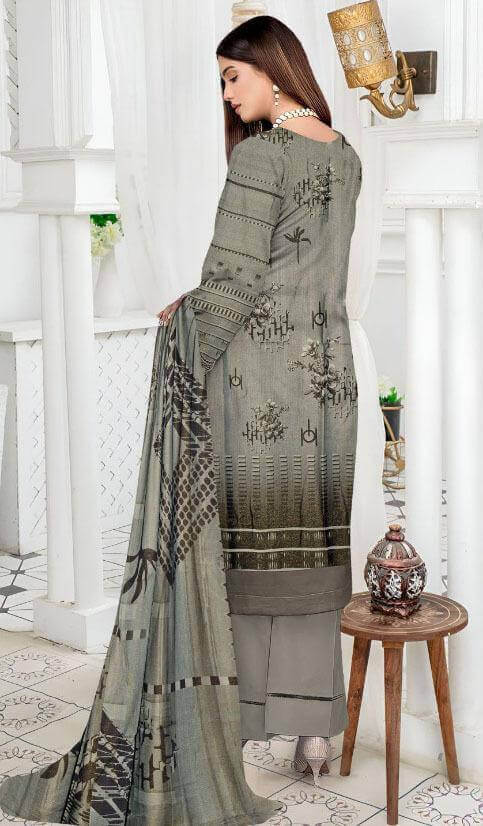 Stunning 3 Pcs Grey Embroidered suit With Printed Trouser and Dupatta 
