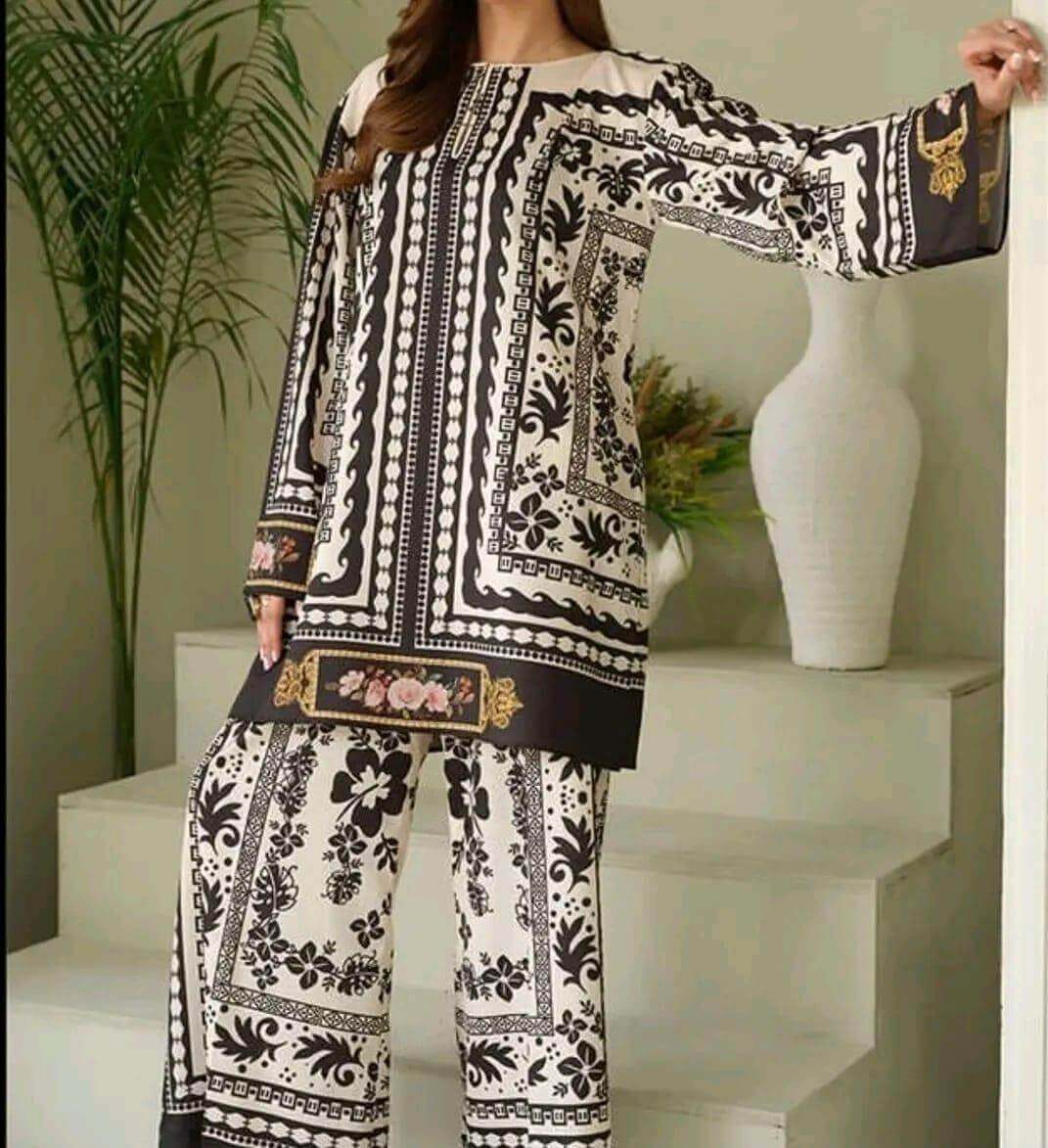 Stylish Women's Stitched Printed Khaddar Shirt and Trouser Set - 2 Pcs